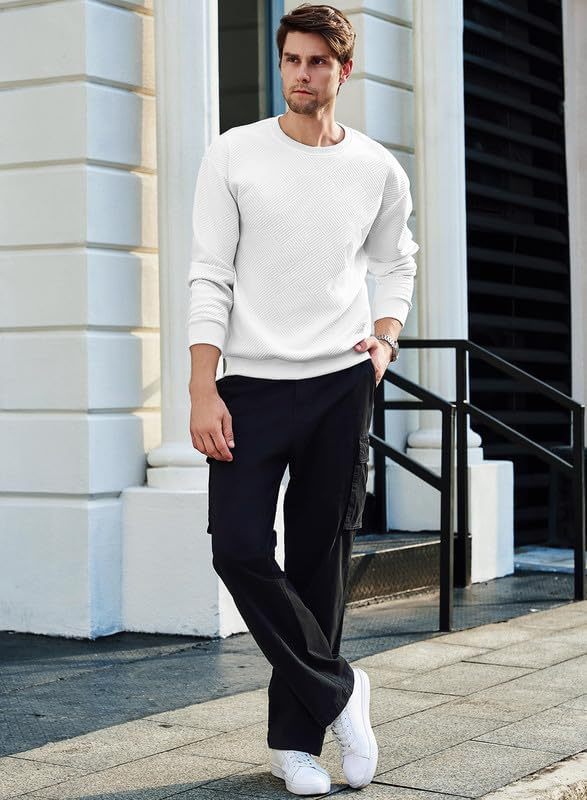 Men's Crewneck Sweatshirts Soild Color Geometric Texture Long Sleeve Casual Pullover Shirt-tidenox