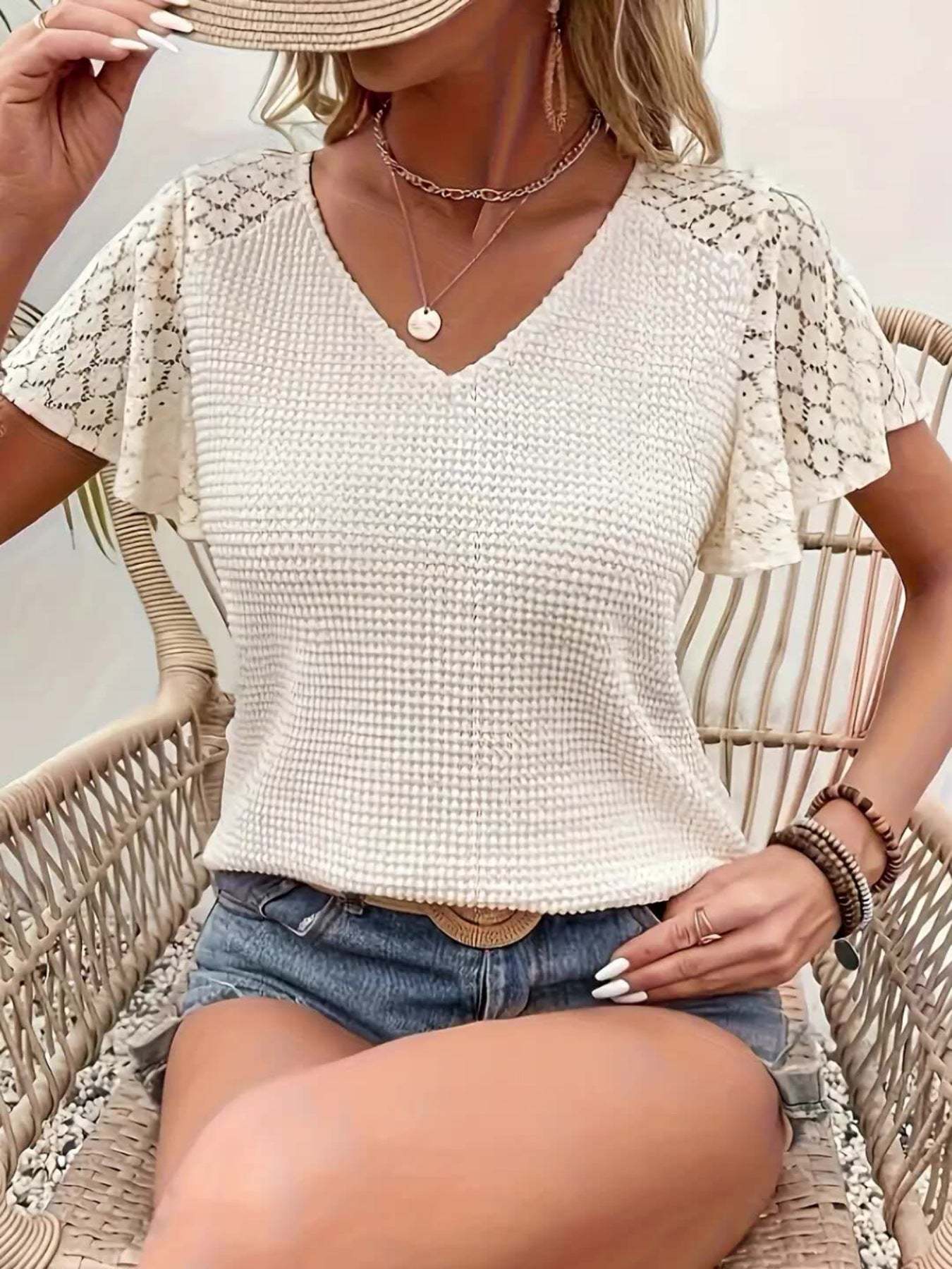 Waffle Knit Lace Sleeve V-Neck Blouse