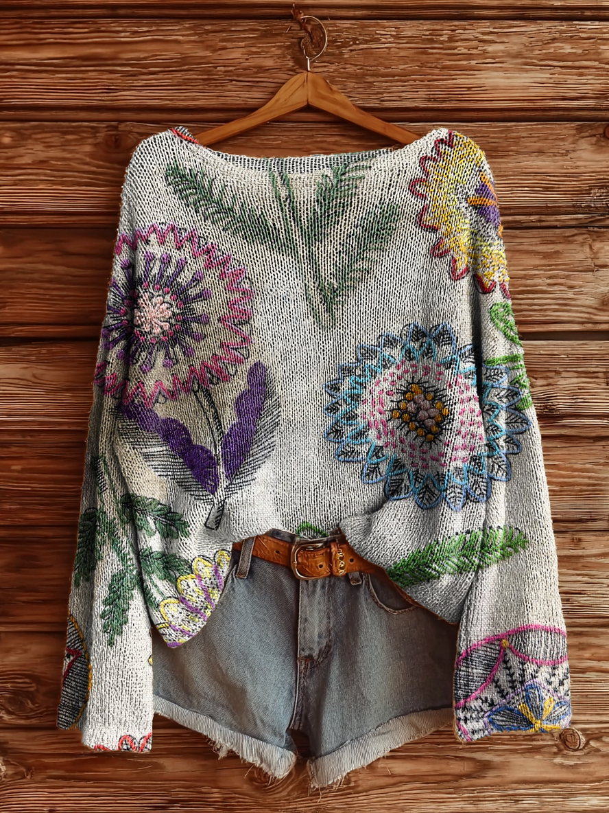 Women's Bohemian Floral Art Print Casual Pullover Sweater-tidenox