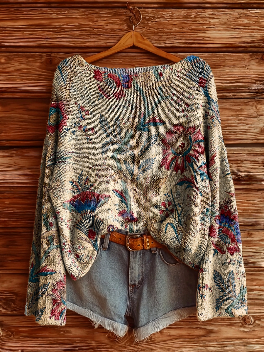 Women's Vintage Folk Flowers Art Pattern Print Casual Pullover Sweater-tidenox
