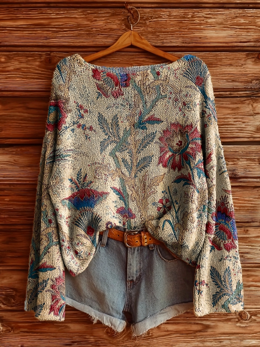 Women's Vintage Folk Flowers Art Pattern Print Casual Pullover Sweater-tidenox