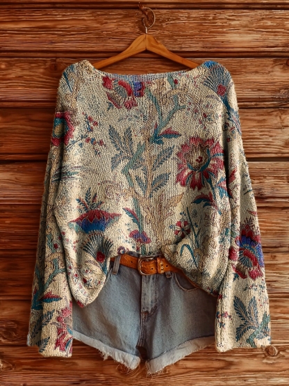 Women's Vintage Folk Flowers Art Pattern Print Casual Pullover Sweater-tidenox