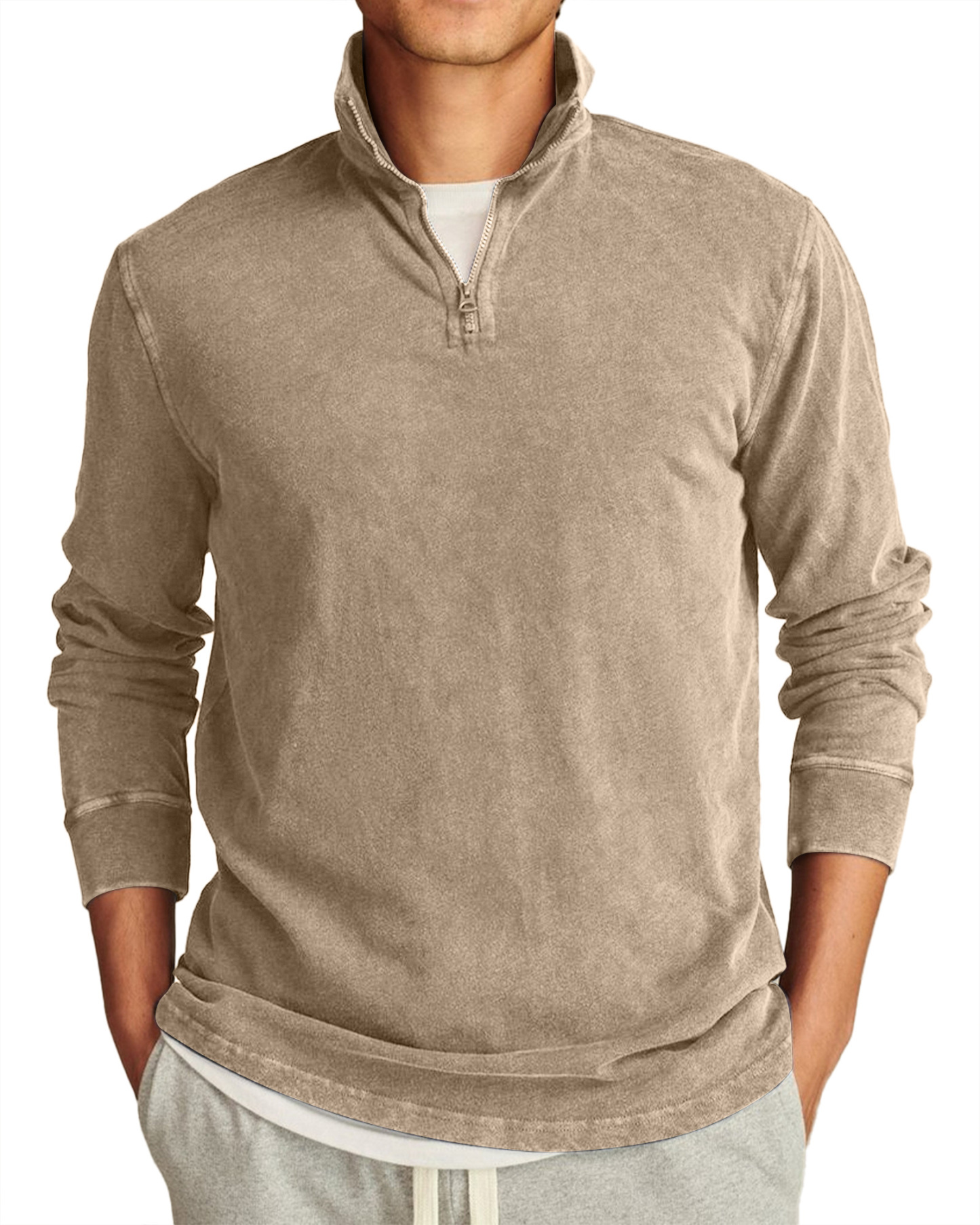 Men's Retro Casual Stand Collar Half-Zip Solid Color Long Sleeve T-Shirt-tidenox