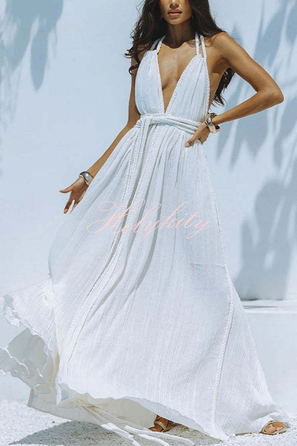Summer Whispers Linen Blend Draped Braids Deep V-neck Halter Backless Cover Up Maxi Dress-tidenox