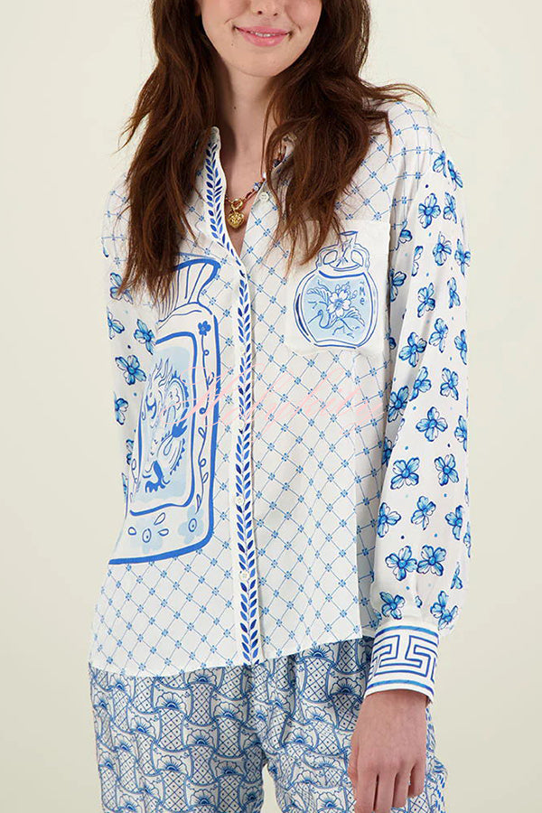 Stylized Dragon Satin Unique Print Long Sleeve Loose Shirt and Elastic Waist Pants Set-tidenox
