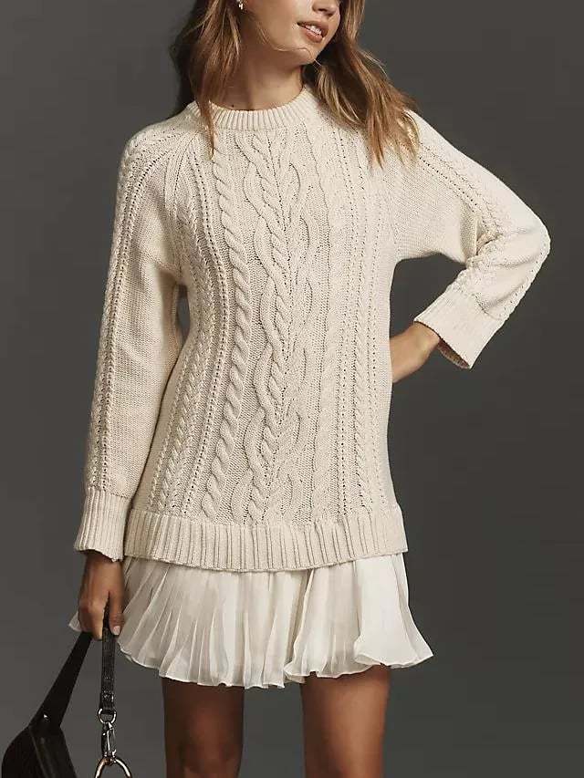 Women Crewneck Cable Knit Sweater Mini Dress (Buy 2 Free Shipping)-tidenox