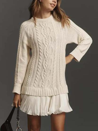 Women Crewneck Cable Knit Sweater Mini Dress (Buy 2 Free Shipping)-tidenox