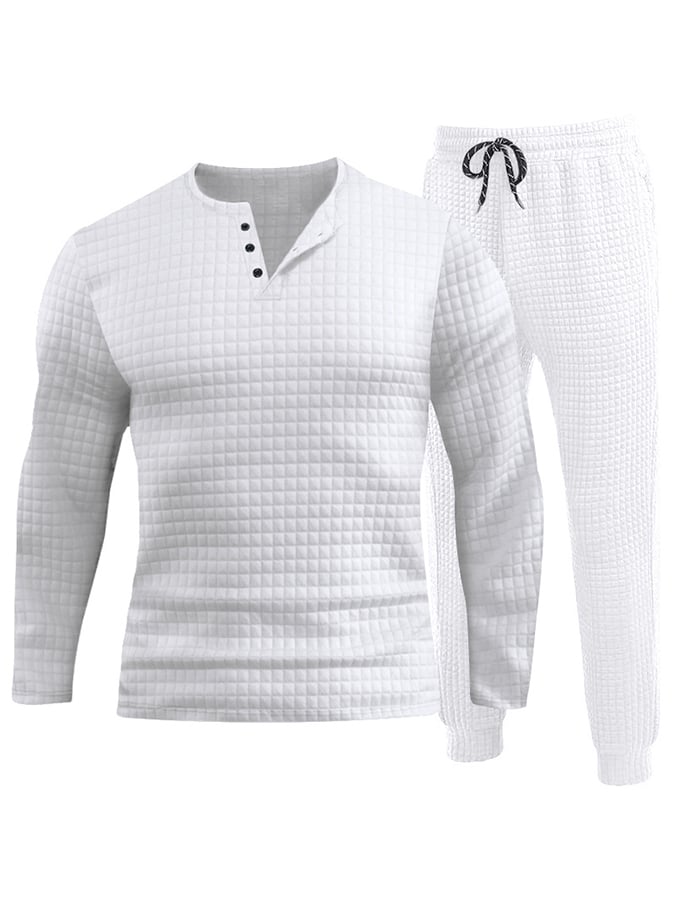 Men's Waffle Jacquard Casual Sport Knit Top Sweatpants Set-tidenox