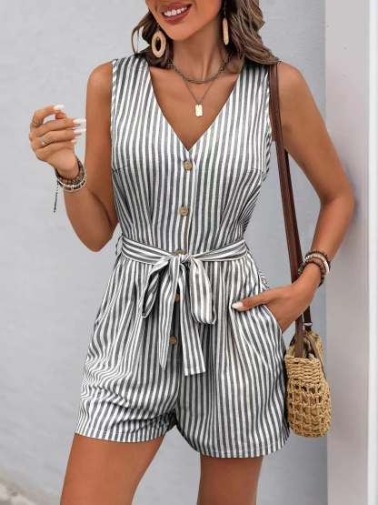 Striped V-neck Button Front Belted Romper-tidenox