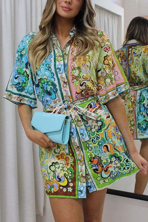 Sasha Linen Blend Unique Printed Shirt Style Tie-waist Mini Dress-tidenox