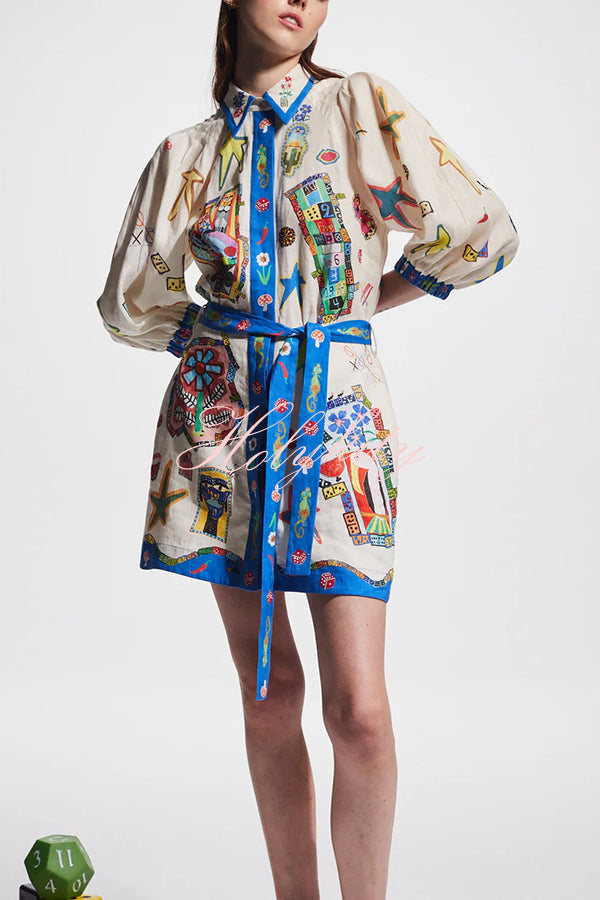 Linen Blend Unique Printed Balloon Sleeve Pocket Tie Waist Mini Dress-tidenox