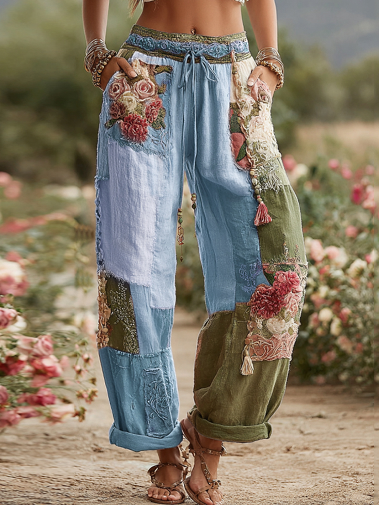 Love & Health Collection Retro Rose And Floral Patchwork Art Linen Pants-tidenox