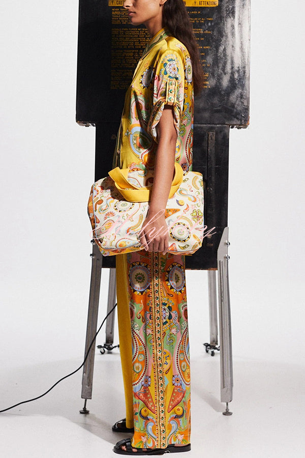 Lucia Satin Unique Print Short-sleeved Loose Shirt and Elastic Waist Pocket Pants Set-tidenox