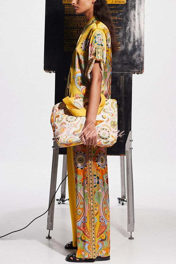 Lucia Satin Unique Print Short-sleeved Loose Shirt and Elastic Waist Pocket Pants Set-tidenox