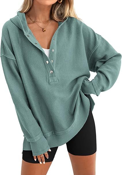 Womens Fashion Long Sleeve Hoodie Oversized Button Up V Neck Sweatshirt Side Slit Casual Pullover