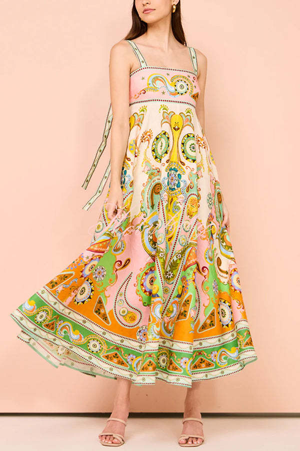 Summer Serenade Linen Blend Unique Print Tie-up Strap Smocked Pocketed Maxi Dress-tidenox