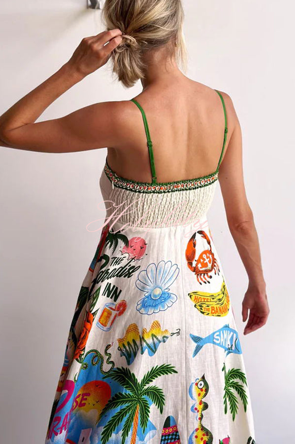 Holiday Paradise Linen Blend Unique Print Smocked Back Pocket Maxi Dress-tidenox