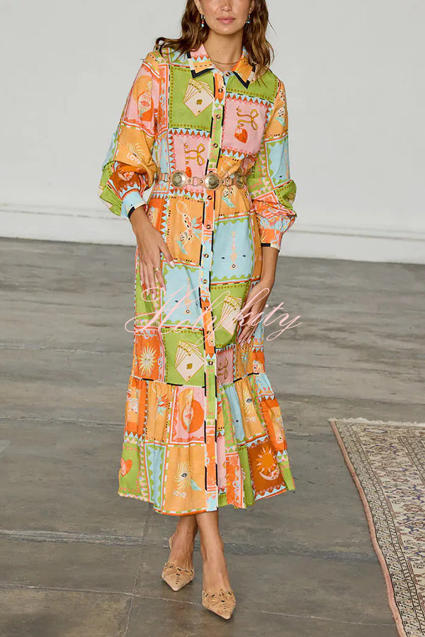 Linen Blend Unique Printed Long Sleeve Lapel Tie-waist Midi Dress-tidenox