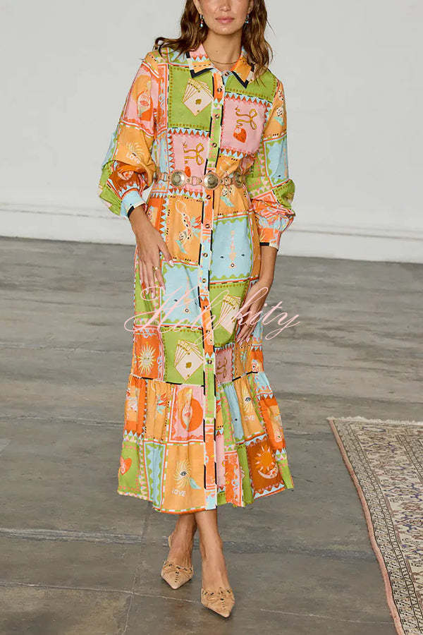 Linen Blend Unique Printed Long Sleeve Lapel Tie-waist Midi Dress-tidenox