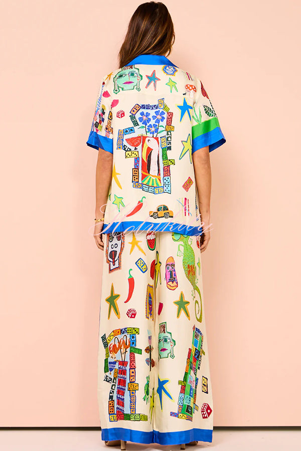 Vibrant Beach Satin Unique Print Colorblock Trim Elastic Waist Pocketed Wide Leg Pants-tidenox