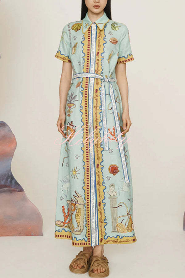Deep Sea Dreaming Linen Blend Unique Print Short Sleeve Tie-up Shirt Maxi Dress-tidenox