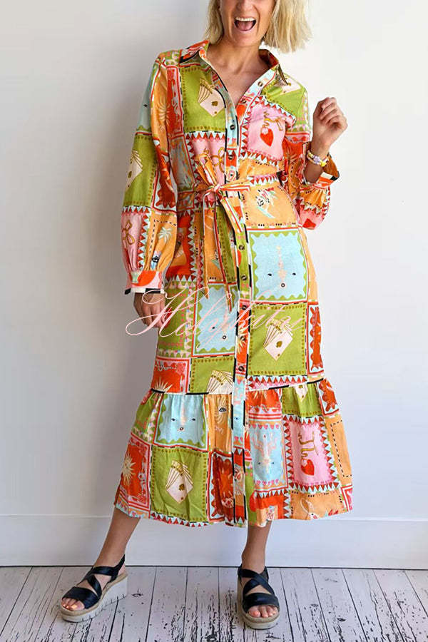 Linen Blend Unique Printed Long Sleeve Lapel Tie-waist Midi Dress-tidenox