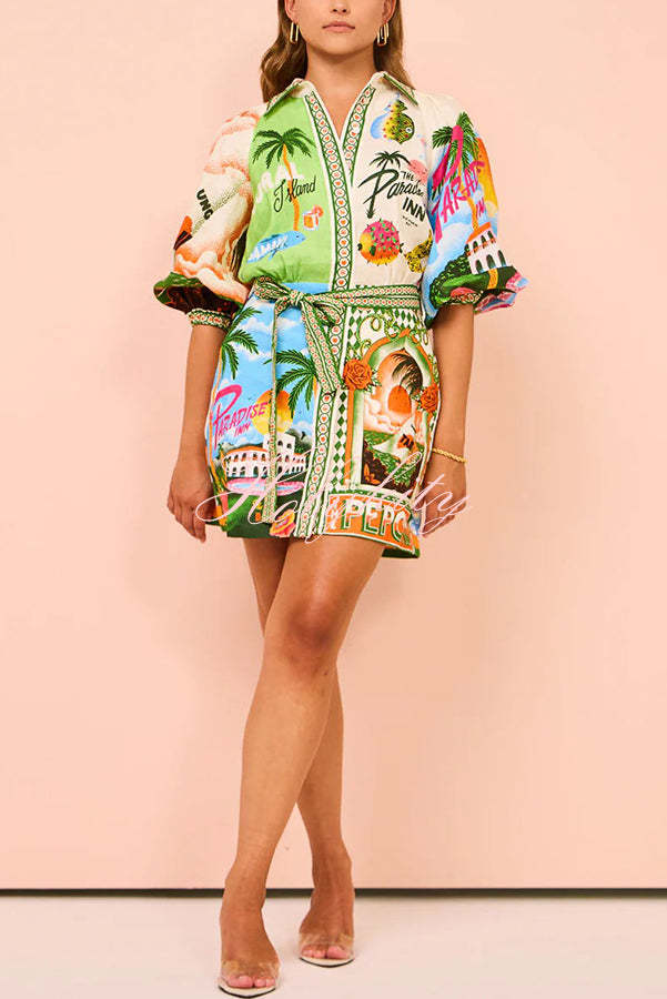 Summer Sophistication Linen Blend Unique Print Belted Pocket Shirt Mini Dress-tidenox