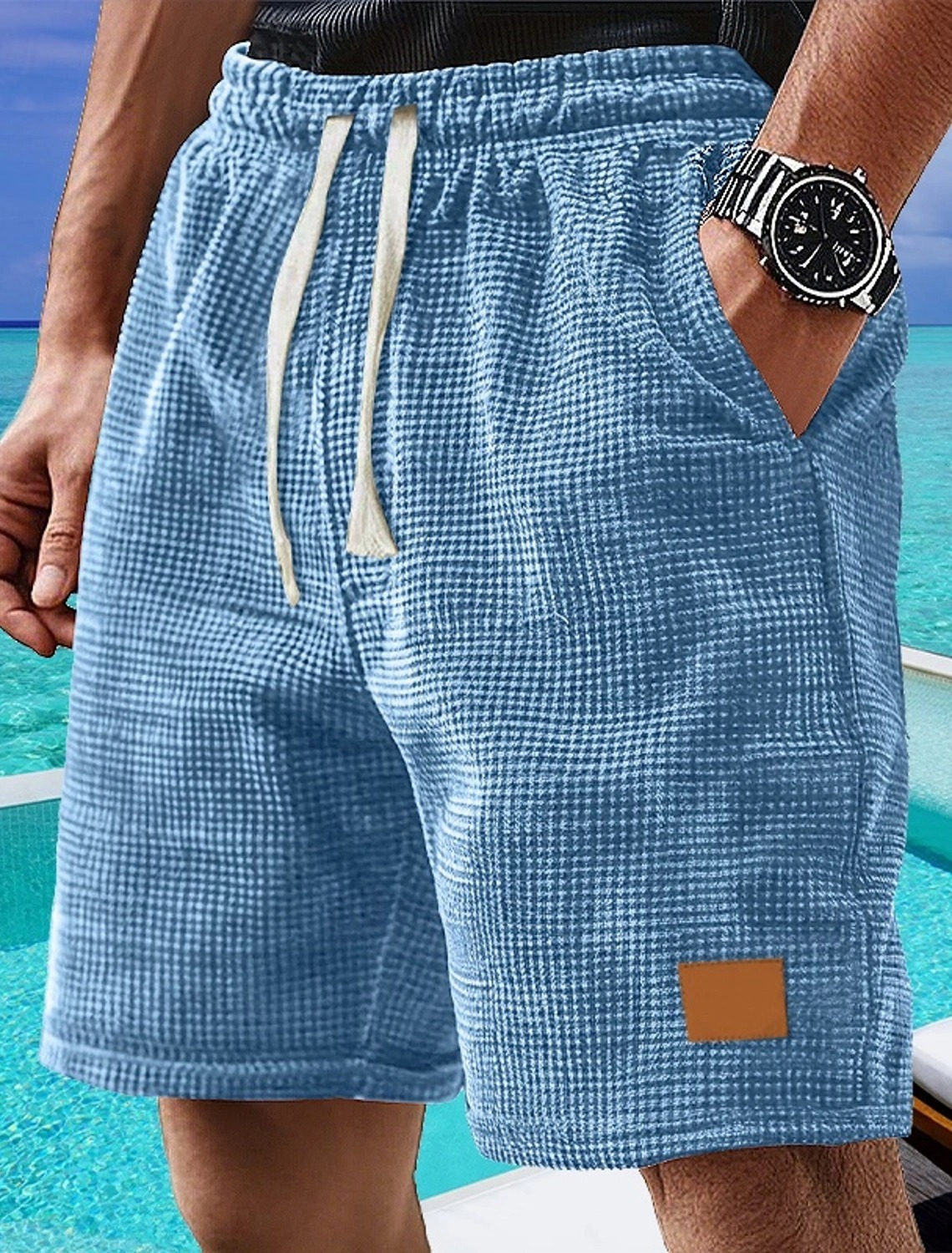 Men's Waffle Shorts Casual Shorts with Pockets, Elastic Waistband, Fla