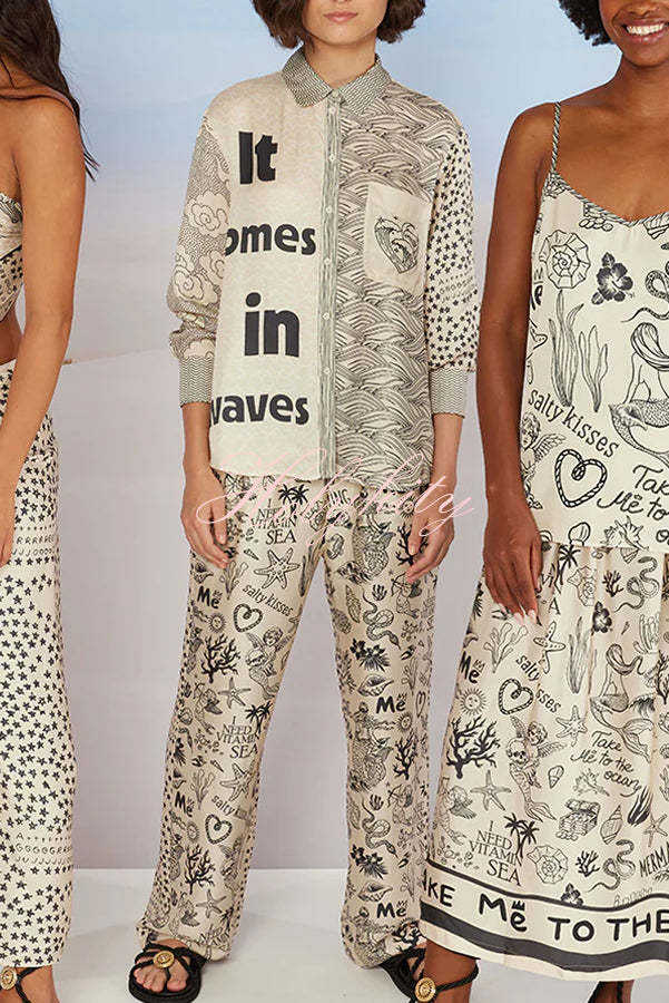 Take Me To The Ocean Satin Unique Print Long Sleeve Shirt and Elastic Waist Pocketed Pants Set-tidenox