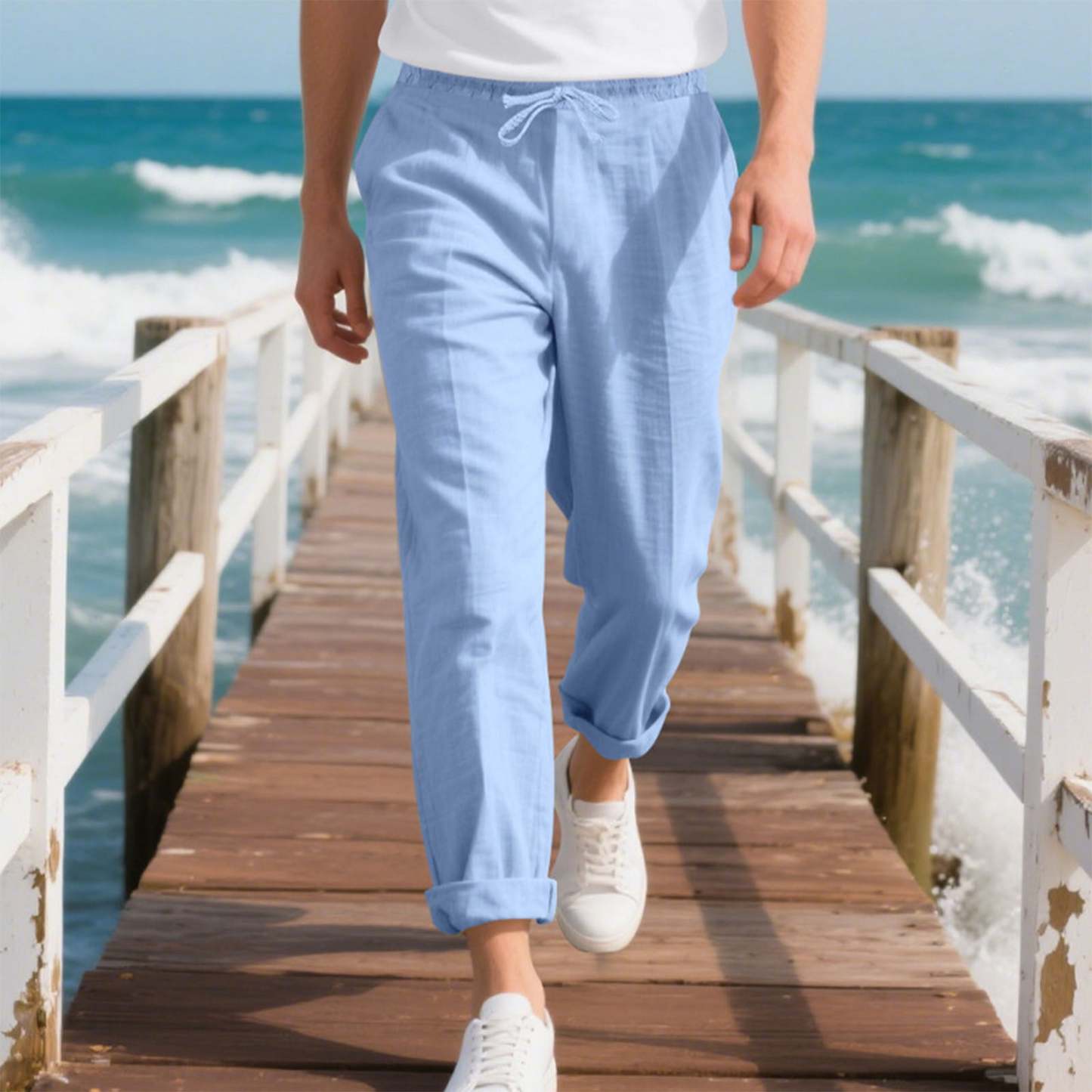 Men's linen trousers summer beach pants solid color comfortable breathable holiday leisure Hawaiian Bohemian style