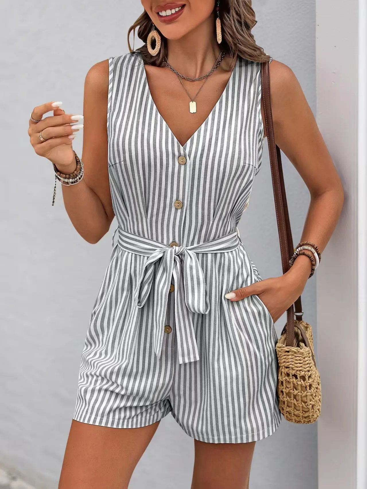 Striped V-neck Button Front Belted Romper-tidenox