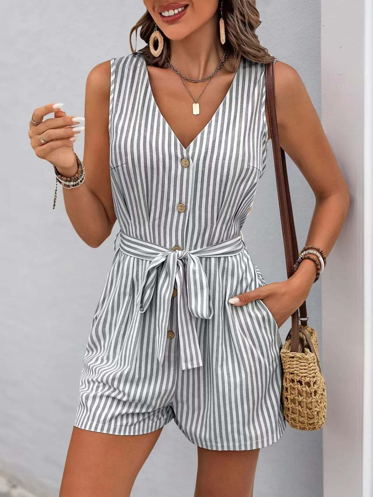 Striped V-neck Button Front Belted Romper-tidenox
