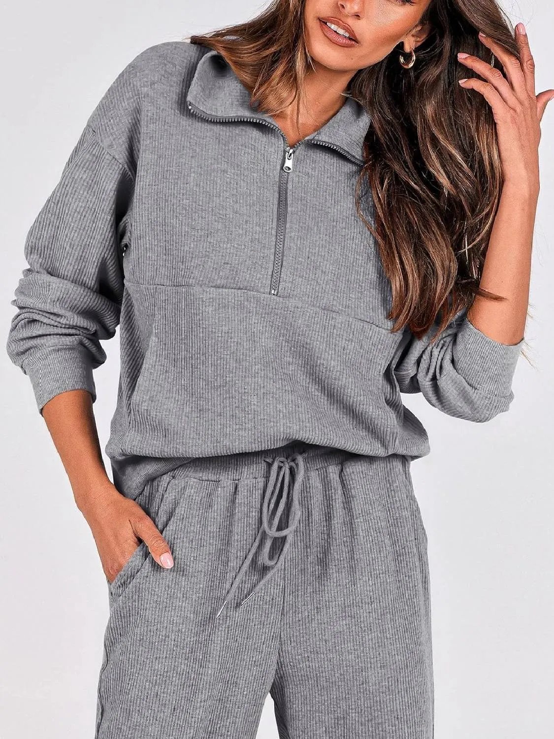⏰Hot Sale-Womens 2 Piece Long Sleeve Half Zip Pullover Fall Tracksuit Sweatsuits Set(Buy 2 Free Shipping)-tidenox