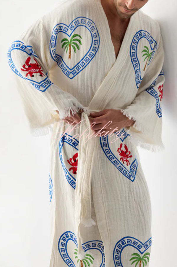 Maia Linen Blend Unique Print Belt Swimwear / Lounge Cover-up Robe-tidenox