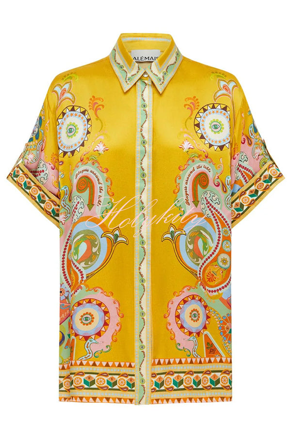 Lucia Satin Unique Print Short-sleeved Loose Shirt and Elastic Waist Pocket Pants Set-tidenox