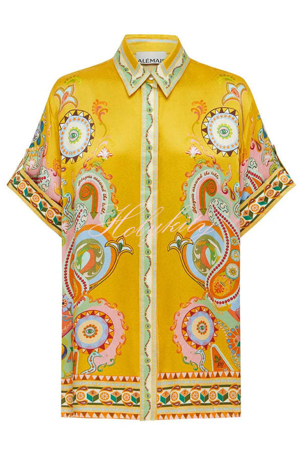 Lucia Satin Unique Print Short-sleeved Loose Shirt and Elastic Waist Pocket Pants Set-tidenox