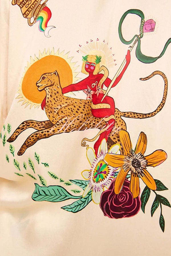 Modern Sophisticated Feel Satin Unique Print Button Down Oversized Blouse-tidenox