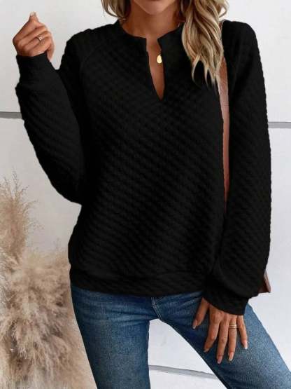 Textured Notched Raglan Sleeve Sweatshirt-tidenox