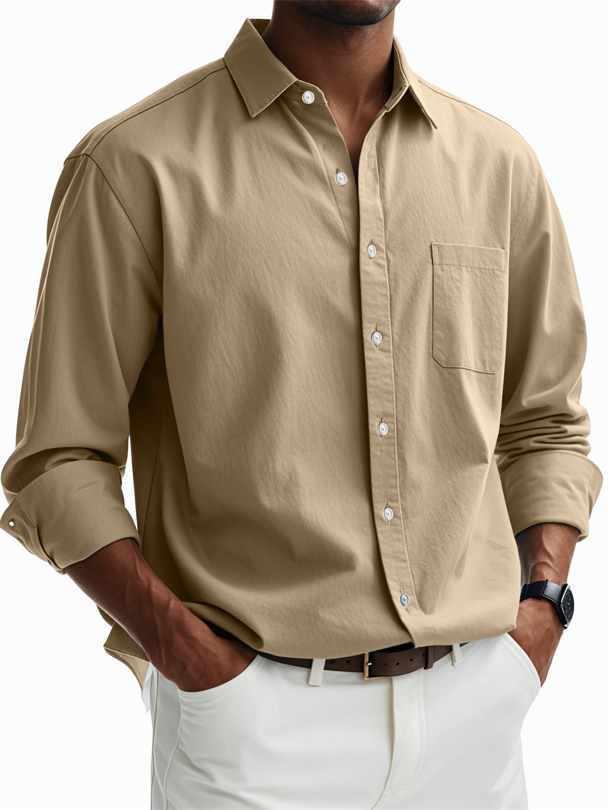 Men's Casual Cotton Pocket Basic Long Sleeve Shirt-tidenox
