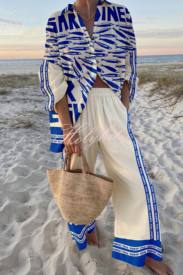 Unique Ocean Print Oversized Shirt and Elastic Waist Pocket Pants Set-tidenox