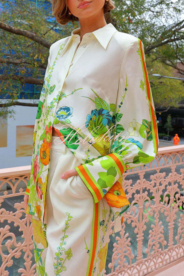 Antibes Satin Floral Print Back Tie-up Button Down Oversized Blouse-tidenox