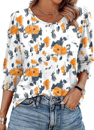 Hot Sale-Women Dressy Casual 3/4 Length Sleeve Blouses with Smocked Cuffs-tidenox