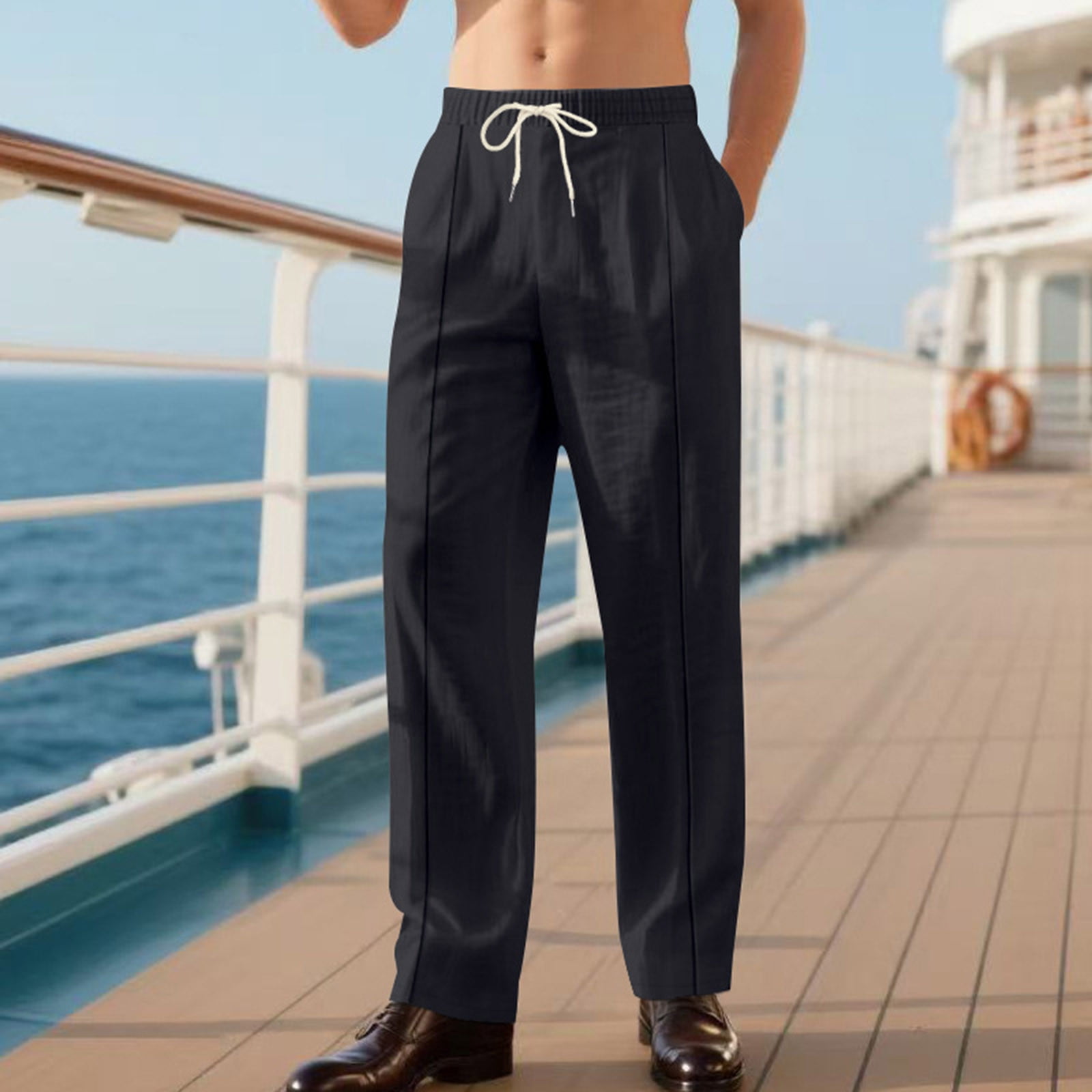 Men's linen trousers summer beach pants solid color comfortable breathable holiday leisure Hawaiian Bohemian style