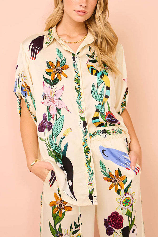 Modern Sophisticated Feel Satin Unique Print Button Down Oversized Blouse-tidenox