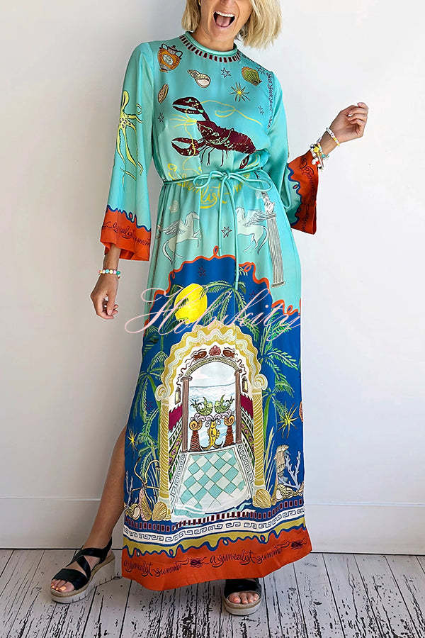 Satin Unique Print Long-sleeve Tie-waist Slit Maxi Dress-tidenox