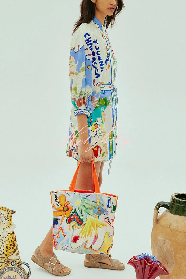 Phebe Linen Blend Unique Print Pocket Waist Tie Mini Dress-tidenox