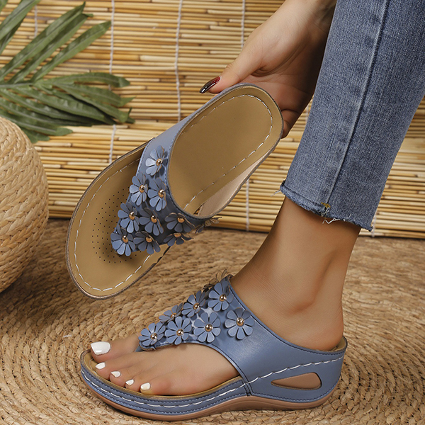 😍Last Day 70% OFF😍-Womens Comfy Leather Floral Decor Soft Sole Wedge Sandals-tidenox