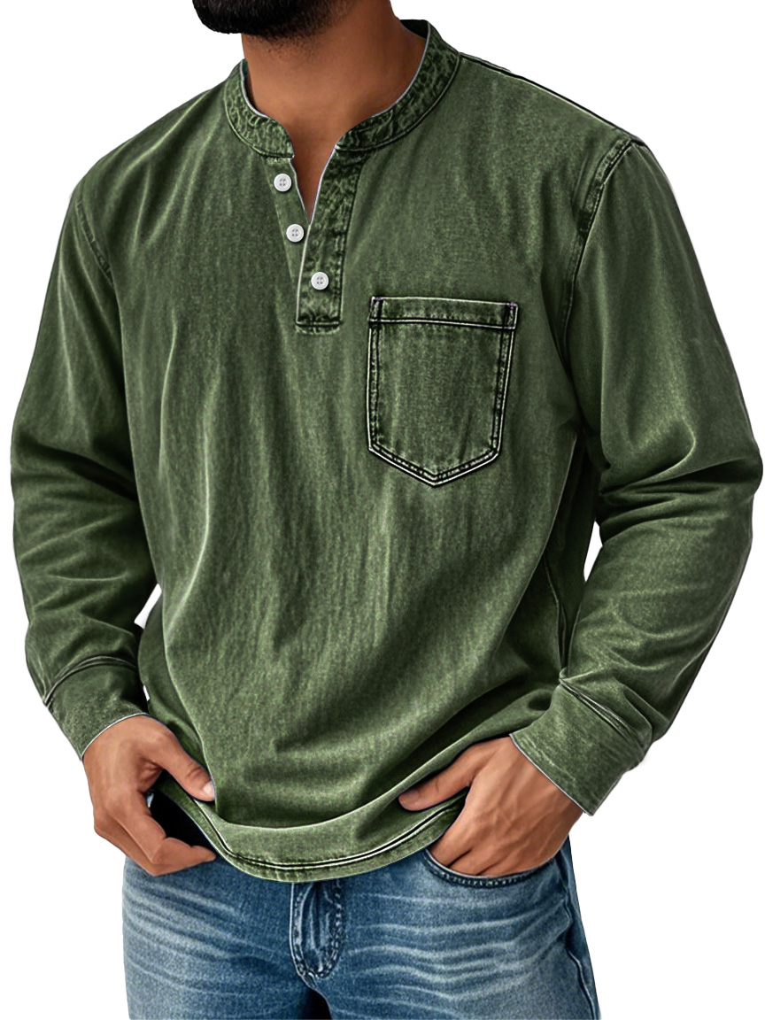 Men's Retro Stand Collar Pocket Casual Distressed Long Sleeve Henley Shirt-tidenox