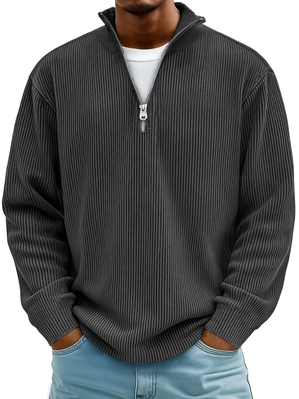 Men's Simple Casual Ribbed Stand Collar Zipper Long Sleeve T-shirt-tidenox
