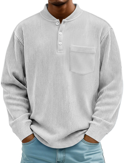 Men's Fashion Ridge Stand Collar Button Casual Pocket Henley Shirt-tidenox